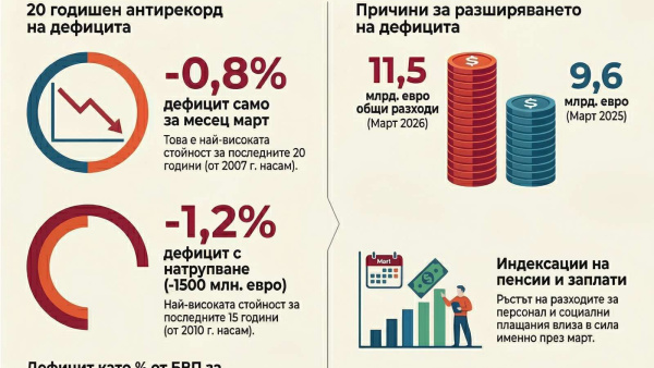 Рекорден бюджетен дефицит отчита Фискалният съвет към март 2026 година